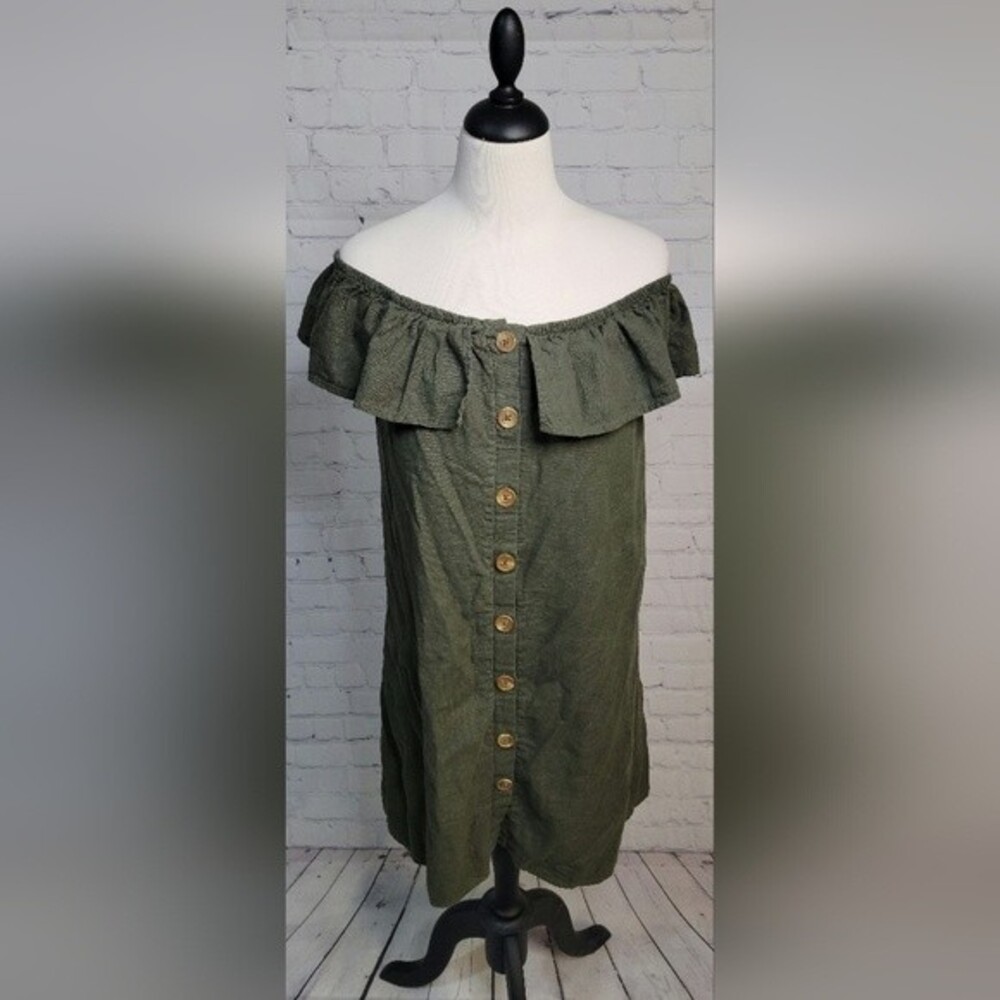 HEART & HIPS Off the Shoulder Mini Button Up Dress size Med Linen Blend Ruffled